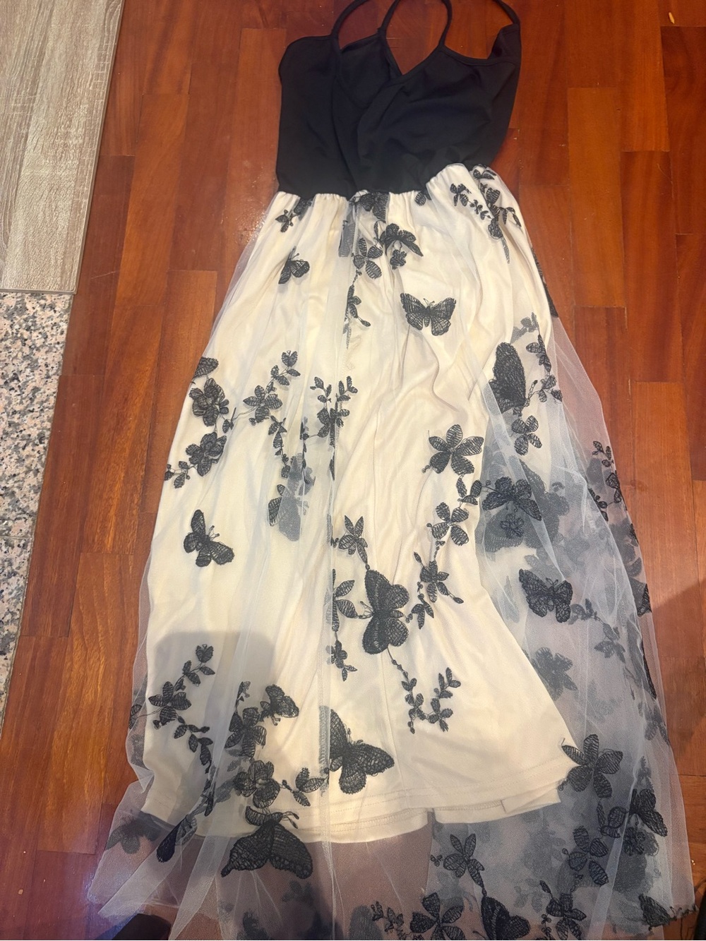 Black & Ivory Tulle Midi Skirt with Floral and Butterfly Embroidery